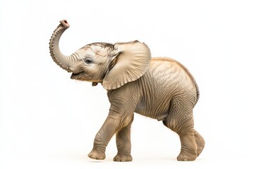 Obraz premium Tiny baby elephant raising its trunk playfully, on a white backdrop.