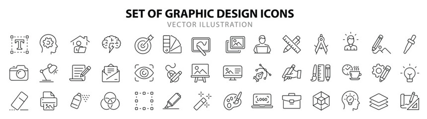 Graphic Design set of web icons in line style. Graphic design icons for web and mobile app. Digital art, creativity, tools, drawing, portfolio, creative process. Vector illustration