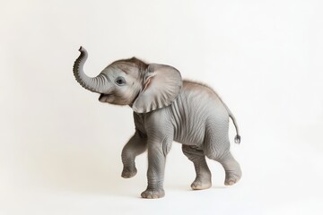 Fototapeta premium Tiny baby elephant raising its trunk playfully, on a white backdrop.