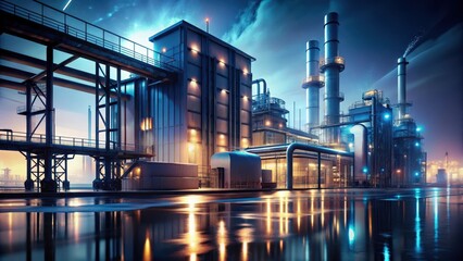 Naklejka premium Nighttime Industrial Complex Reflecting in Still Water A Modern Manufacturing Plant Illuminated at Dusk