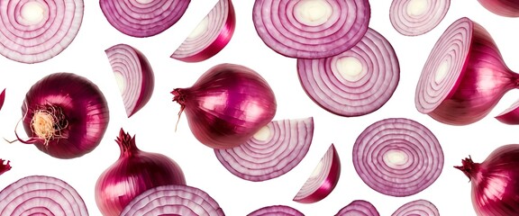 Red Onions Falling on White Background