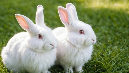 Obraz premium Two White Rabbits in Green Grass