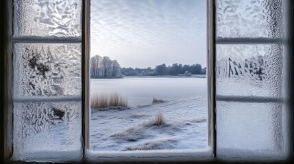Serene winter landscape through a frosted window frozen lake photography