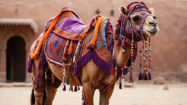 A decorated camel stands gracefully, adorned with a vibrant patterned saddle blanket featuring shades of orange,