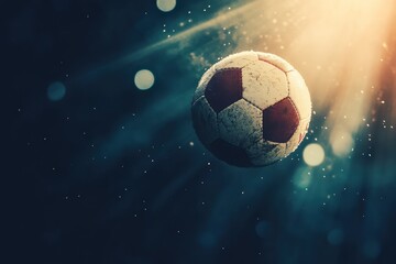 Naklejka premium Soccer ball, stadium lights, night game, action shot, sports