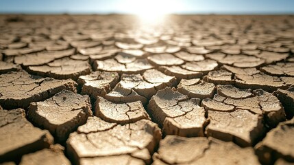 A cracked dry landscape glimmers under the sun, highlighting the effects of drought and environmental changes.
