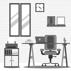 Modern office workstation in brick room, laptop, printer