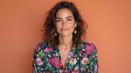 Fototapeta premium Beautiful Woman Floral Dress Orange Background Portrait Studio Shot