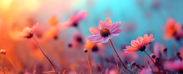Vibrant meadow of wild flowers set against a bright blue sky with sunbeams and bokeh lighting, perfect for a summer floral background or greeting card banner