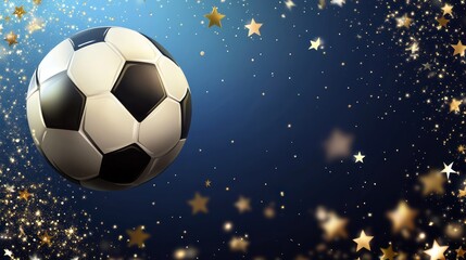 Naklejka premium Soccer ball, night sky, golden stars, celebration, sports banner