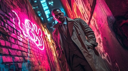 Neon Cyberpunk Warrior in Trench Coat Stands Among Graffiti in Dark Alley - Futuristic Urban Scene with Vibrant Lights