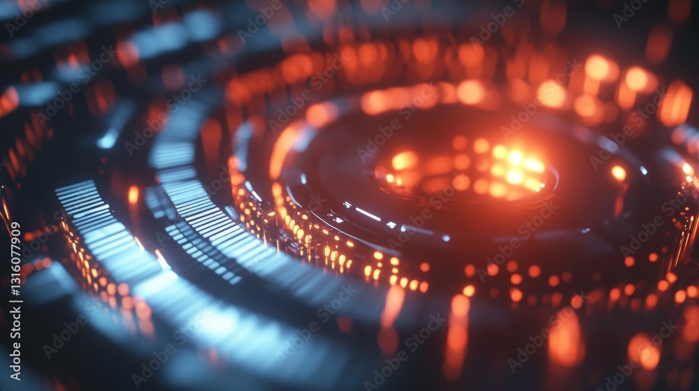Poster This captivating abstract image features a circular pattern illuminated by glowing red and blue lights, creating a dynamic and futuristic visual.