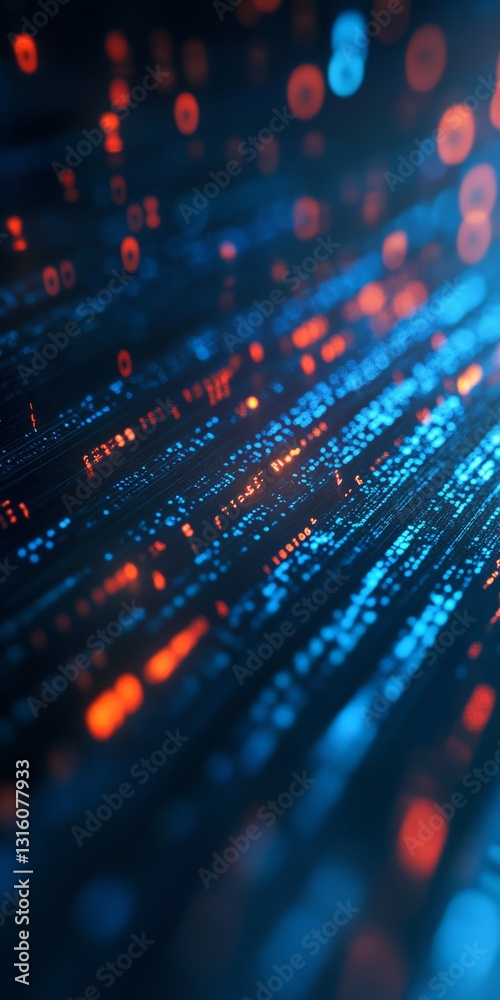 Poster dynamic and vibrant abstract image showcasing blue and orange particles in motion, representing data