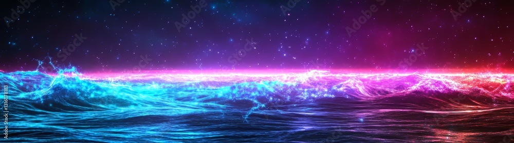 Wall mural an image of a gradient featuring violet and blue hues with flowing liquid and small shiny particles 