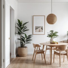 Fototapeta premium Modern Minimalist Dining Room Interior with Wooden Furniture and Plants