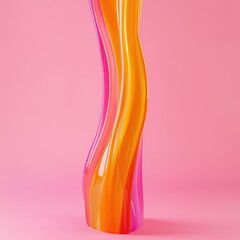 A colorful, wavy vase in vibrant orange, pink, and yellow hues stands against a soft pink background, adding a playful touch to any decor.