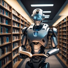 Robot Reading Book in Library