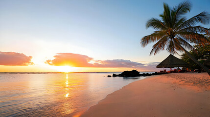 Golden Sunset Over A Tranquil Tropical Beach With Palm Tree And Beach Umbrella Silhouette In Warm Vibrant Colors