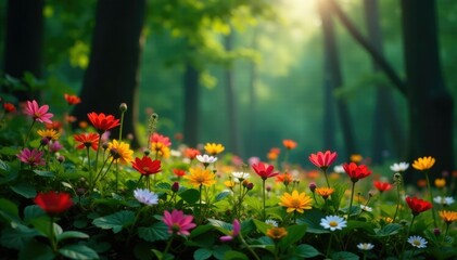 Obraz premium Wildflowers blooming in abundance amidst forest undergrowth, flora, wildflowers