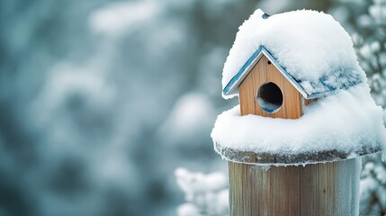 Fototapeta premium Winter wonderland snow-covered birdhouse outdoors nature scenic tranquil atmosphere
