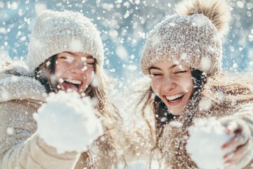Two friends having fun with a snowball fight, bright winter day, snowflakes in the air, playful expressions, natural outdoor setting, vibrant white and blue tones
