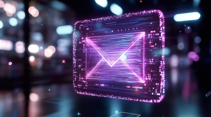 A holographic envelope icon glowing with data flowing through it, representing the futuristic nature of e-mail communication. The image features a bokeh effect, a blurred backgroun