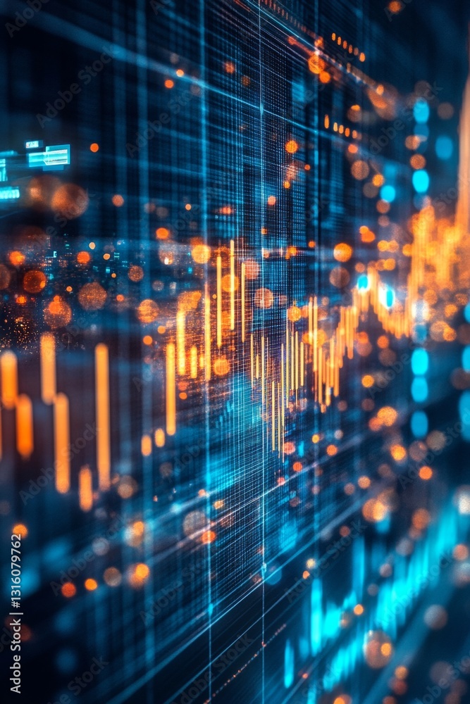 Poster abstract data visualization with colorful graphs and lights representing dynamic information