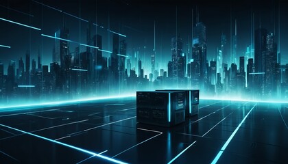 Futuristic Cityscape with Server Racks