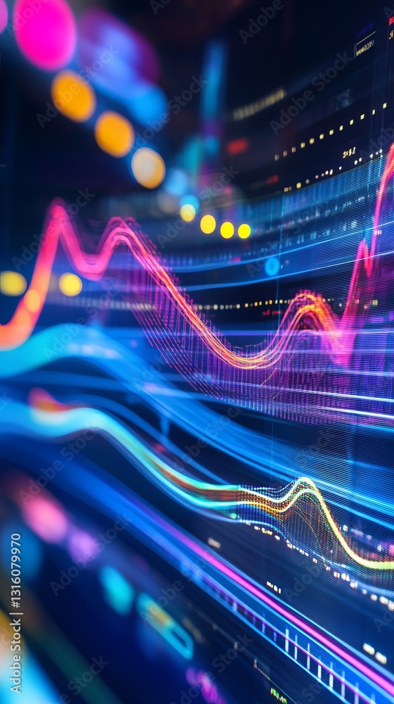 Poster dynamic abstract visualization showcasing colorful data lines, representing trends and analysis in a