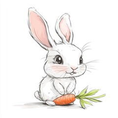 Fototapeta premium An adorable cartoon-style illustration of a cute rabbit holding a carrot, showcasing a playful and cheerful character perfect for children's themes or spring designs.