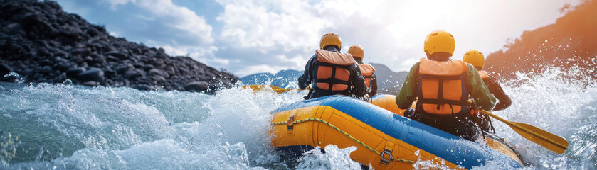 Adventurers in bright safety gear navigate turbulent river in inflatable raft