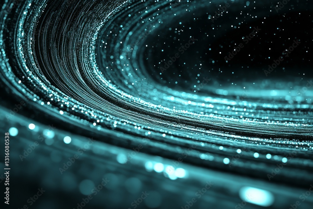 Poster a network of white dots in a 3d render style forms a tunnel resembling a black hole or wormhole for 