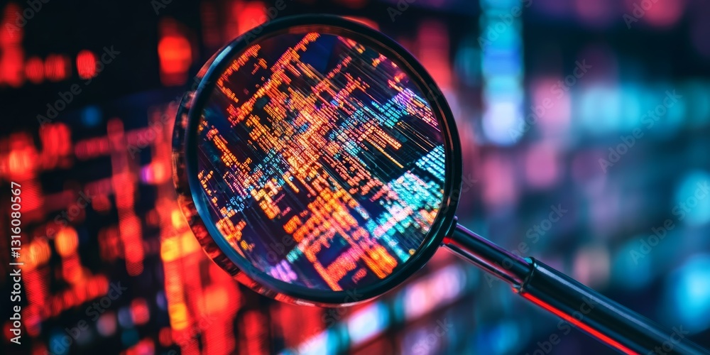 Poster a striking close-up of a magnifying glass highlighting colorful data patterns. this image conveys ex