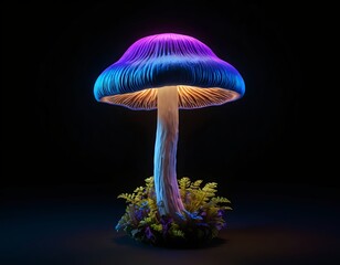 Glowing Neon Mushroom in Dark Background