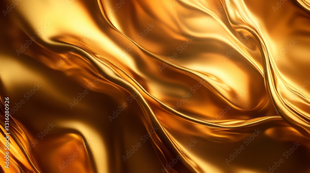 Poster Luxurious waves of golden fabric undulate gently, reflecting soft light and creating an enchanting play of shadows, evoking a sense of warmth and elegance