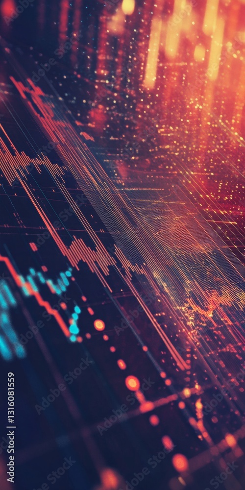 Poster abstract digital financial data visualization with colorful graphs and dynamic trends