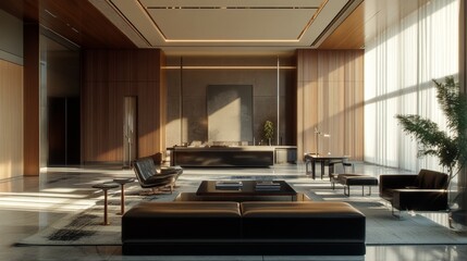Fototapeta premium Modern Elegant Lobby Interior Design with Natural Sunlight and Contemporary Furniture