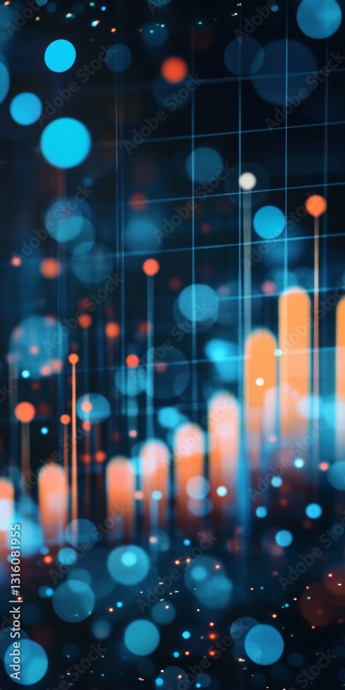 Poster abstract data visualization with colorful lights and graphs on a dark background