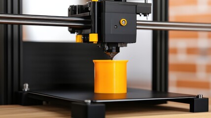 A 3D printer in action, crafting a bright yellow object, showcasing precision and modern technology on a sleek black platform.