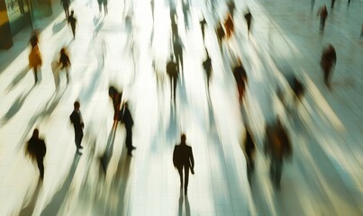 long exposure shot of a crowd of business people walking in a bright office lobby, fast-moving with blurriness. Generative AI