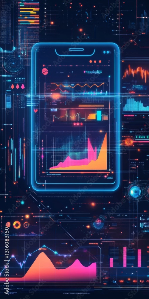 Poster futuristic smartphone displaying colorful data analytics and financial graphs on dark background