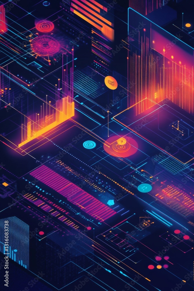 Poster futuristic abstract digital visualization with neon colors and data patterns in deep space environme