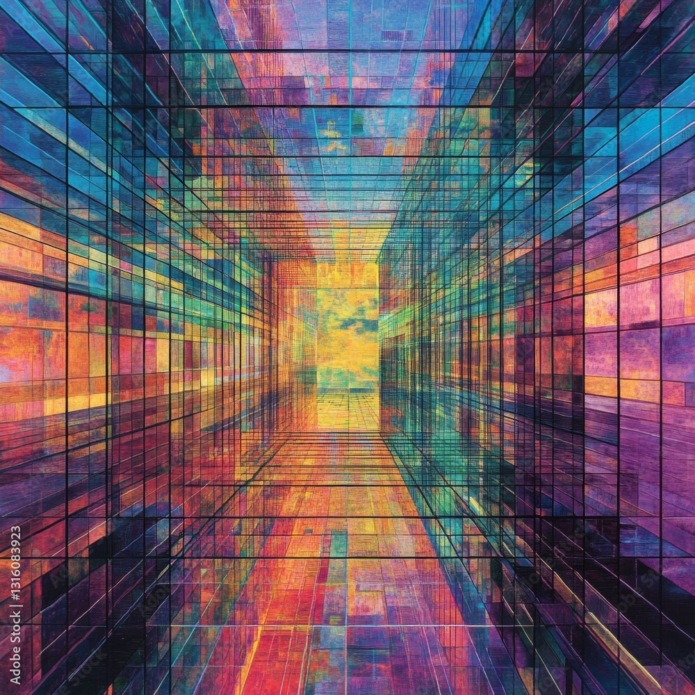 Poster colorful abstract geometric patterns creating depth and perspective in a digital environment