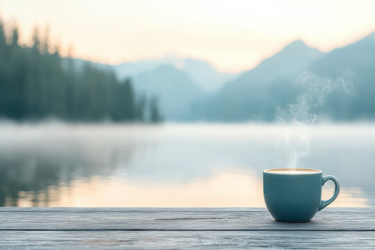 steaming cup of coffee on wooden table by serene lakeside during misty morning