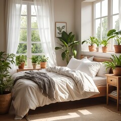 Serene Bedroom with Plants and Natural Light