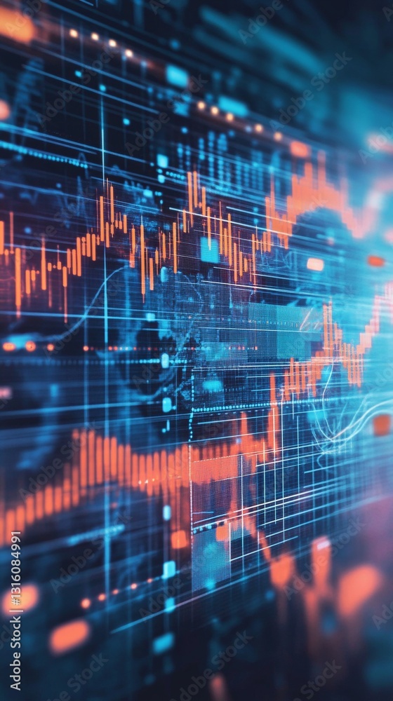 Poster dynamic abstract data visualization of financial trends and analytics with vibrant colors and patter