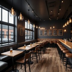 Obraz premium Modern Dark Interior Restaurant with Wooden Tables and Leather Seating