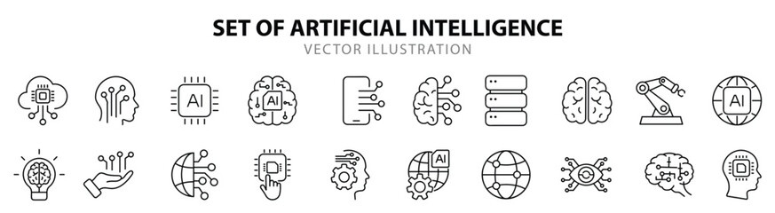 Artificial Intelligence web icons in line style. Innovation technology, machine, robot, bot, brain, collection. Vector illustration.
