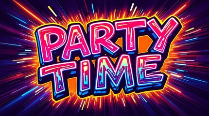 Energetic "Party Time" graffiti-style text with vibrant colors and splashes.