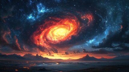 Fiery cosmic swirl above a serene landscape at sunset.